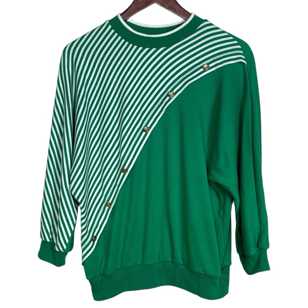 Vintage Alison Craig Green and White Striped Button Sweater Size Large
